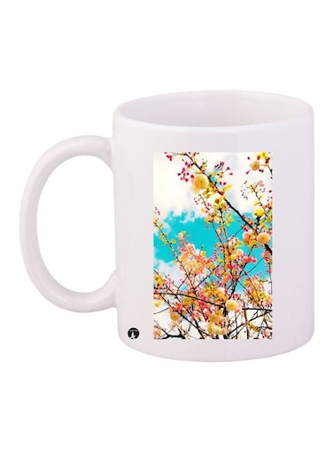 Flower Printed Coffee Mug White/Blue/Yellow 11ounce