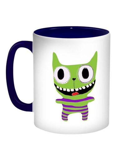 Crazy Cat Funny Printed Coffee Mug Blue/White/Green 11ounce