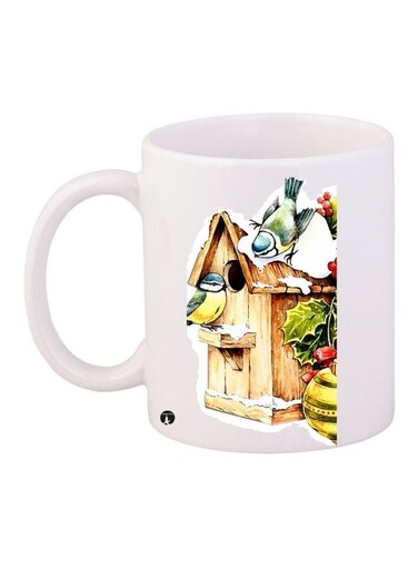 Bird Printed Coffee Mug White/Green/Brown 11ounce