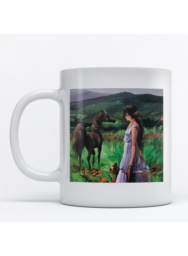 Woman And Horse Printed Mug White/Green/Brown