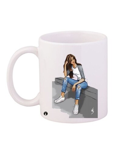 Girl Printed Coffee Mug White/Grey/Blue 11ounce