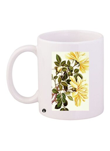 Flower Printed Ceramic Coffee Mug White/Yellow/Green 11ounce