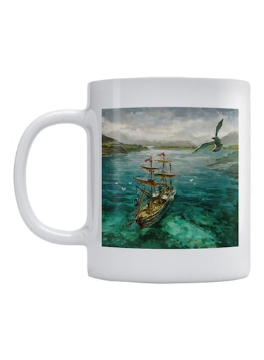 Ship Printed Ceramic Coffee Mug White/Blue/Brown