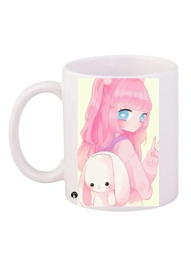 Anime Girl Printed Coffee Mug White/Pink/Beige 11ounce