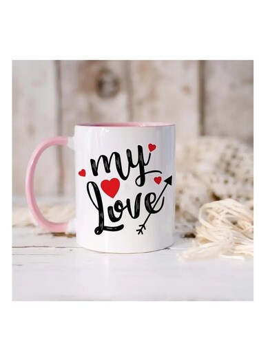 RYN&reg; 1pc "My Love" White Ceramic Coffee Mug with Red Heart Design - Dishwasher Safe, Insulated Cup for Home &amp; Travel - Ideal Gift for Valentine's Day, Birthdays, Christmas, Thanksgiving, Coffee Cup PINK