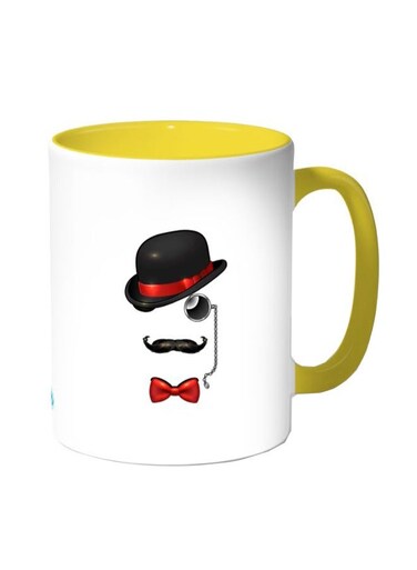 Hat And Mustaches Printed Coffee Mug White/Yellow 11ounce