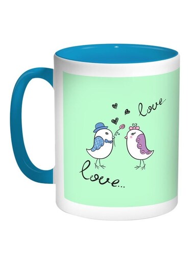 Love Birds Printed Coffee Mug Light Green/White/Blue 11ounce