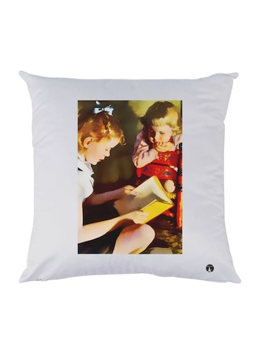 Girls Reading Book Printed Decorative Throw Pillow White/Red/Brown 30x30cm