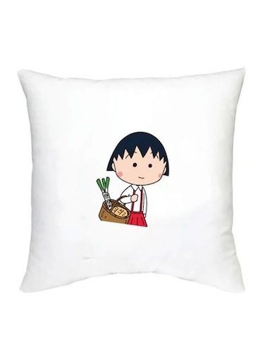 Chibi Maruko Chan Character Printed Decorative Pillow White/Beige/Red 16x16inch