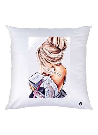 Cartoon Girl Printed Decorative Throw Pillow White/Pink/Blue 30x30cm