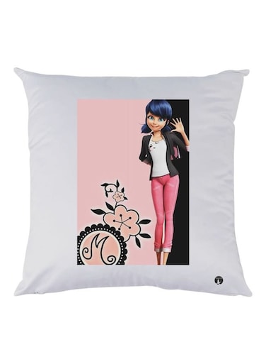 Girl Printed Decorative Throw Pillow White/Pink/Black 30x30cm