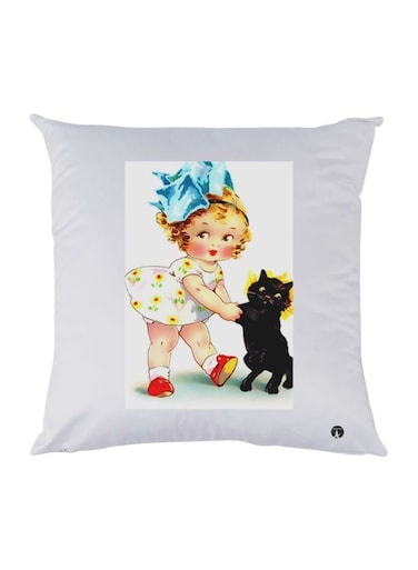 Cartoon Printed Throw Pillow White/Blue/Black 30x30cm