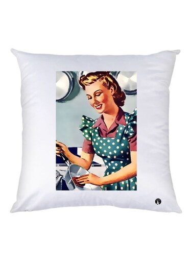 Cartoon Girl Printed Decorative Throw Pillow White/Blue/Pink 30x30cm