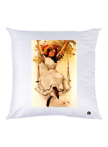 Girl Printed Decorative Throw Pillow White/Beige/Brown 30x30cm