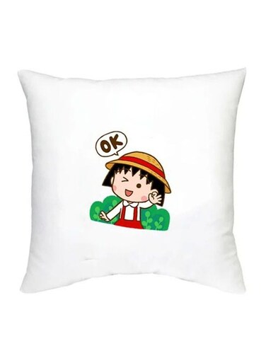 Chibi Maruko Chan Character Printed Decorative Pillow White/Beige/Red 16x16inch