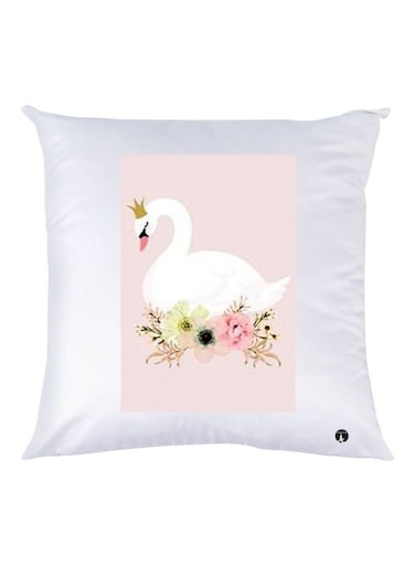 Decorative Swan And Floral Printed Throw Pillow White/Beige/Pink 30x30cm