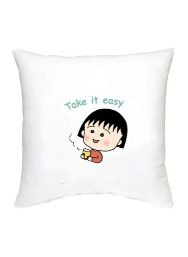 Chibi Maruko Chan Character Printed Decorative Pillow White/Beige/Black 16x16inch
