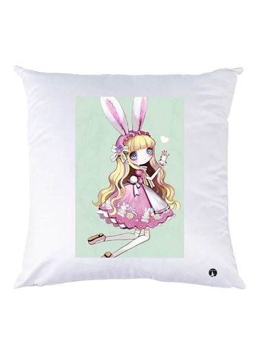 Cartoon Girl Printed Decorative Throw Pillow White/Green/Pink 30x30cm