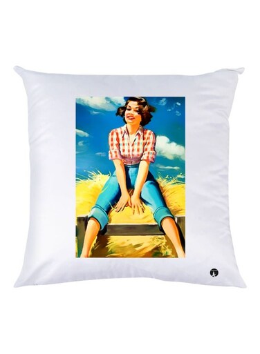 Girl Printed Decorative Throw Pillow White/Blue/Yellow 30x30cm