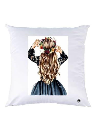 Girl Printed Throw Pillow White/Blue/Brown 30x30cm