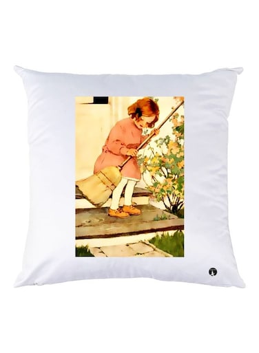 Girl Printed Decorative Throw Pillow White/Green/Pink 30x30cm
