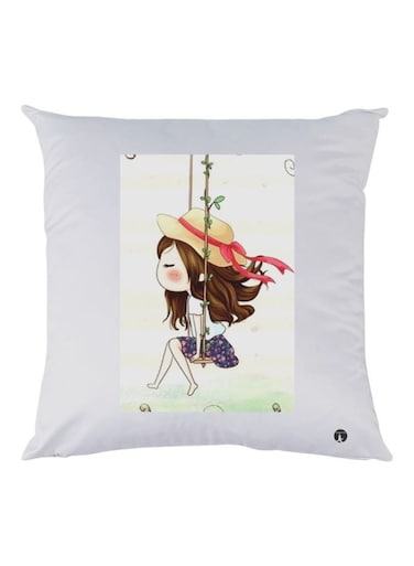 Girl Printed Decorative Throw Pillow White/Brown/Yellow 30x30cm
