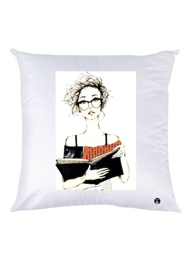 Girl Printed Decorative Throw Pillow White/Black/Orange 30x30cm