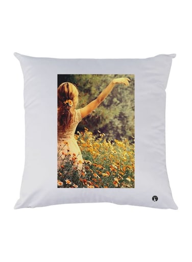 Girl In Flower Garden Printed Throw Pillow White/Yellow/Green 30x30cm