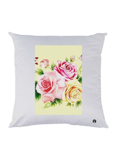 Rose Printed Throw Pillow White/Yellow/Pink 30x30cm