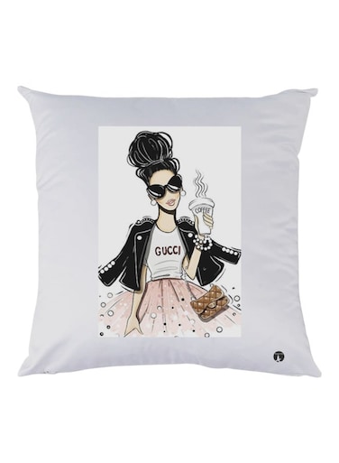 Fashionable Girl Printed Decorative Throw Pillow White/Black/Brown 30x30cm