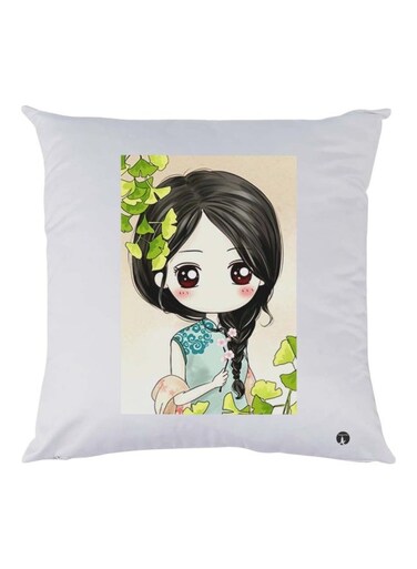Girl Printed Throw Pillow White/Green/Black 30x30cm