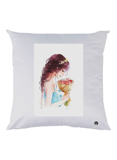 Girl Printed Throw Pillow White/Brown/Blue 30x30cm