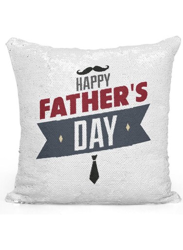 Happy Fathers Day Themed Sequin Decorative Throw Pillow White/Silver/Grey 40x40cm
