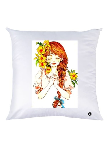 Girl Printed Throw Pillow White/Brown/Yellow 30x30cm