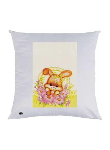 Cartoon Bunny With Flowers Printed Decorative Throw Pillow White/Yellow/Brown 30x30cm