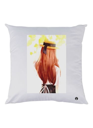 Girl Printed Decorative Throw Pillow White/Brown/Yellow 30x30cm