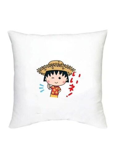 Chibi Maruko Chan Character Printed Decorative Pillow White/Beige/Red 16x16inch