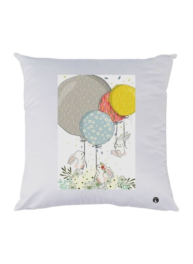 Cute Bunny With Balloons Printed Decorative Throw Pillow White/Grey/Yellow