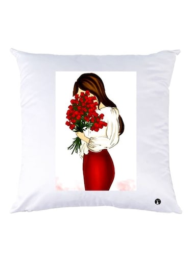 Girl And Flower Printed Throw Pillow White/Red/Brown