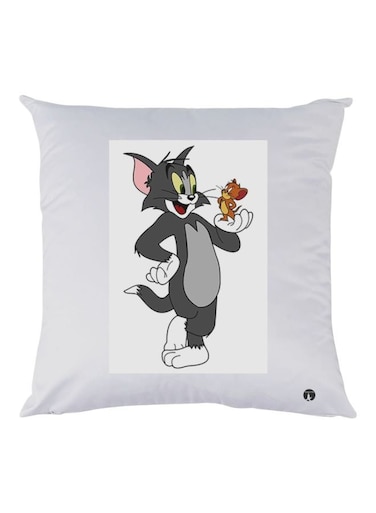 Tom And Jerry Printed Decorative Throw Pillow White/Grey/Brown 30x30cm