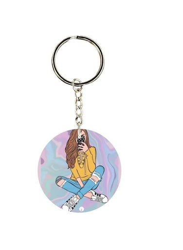 Double Sided Girl With Phone Printed Keychain