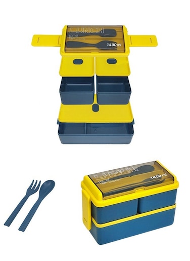 Lunch Box, Bento Box, 1400 ml/47.3 OZ Size Food Container, Leakproof, For Kids and Adults, 3 Compartments, Including Reusable Cutleries With Storage Slot, Microwave Safe Lunch Box(Blue）