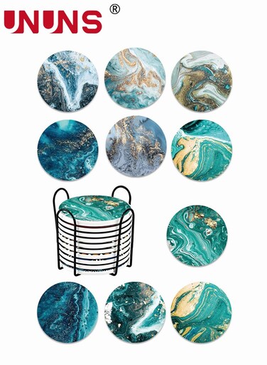 Absorbent Coaster Sets Of 10,Round Coasters Set With Holder,Ocean Design Drink Coasters For Tabletop Protection,4 Inches,Ceramic Coasters