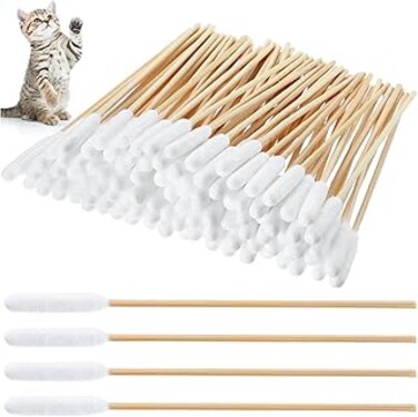 MAKINGTEC 300 Pieces Cotton Buds for Dogs and Cats Pet Cotton Ear Buds Swabs Cotton Dog Ear Cleaner Dog Ear Cleaning Solution Long Cotton Swab Dog Ear Drops with Wood Handle for Dog Ear Care