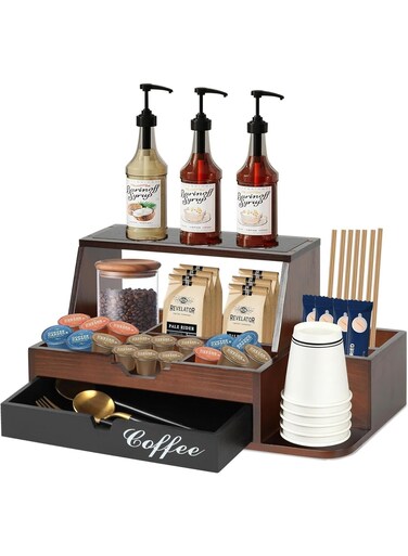 Coffee Bar Organizer Countertop, Wooden Coffee Station Organizer with Drawer &amp; Storage Basket, Farmhouse Style Holder for Coffee Pods, Tea &amp; Condiment Accessories