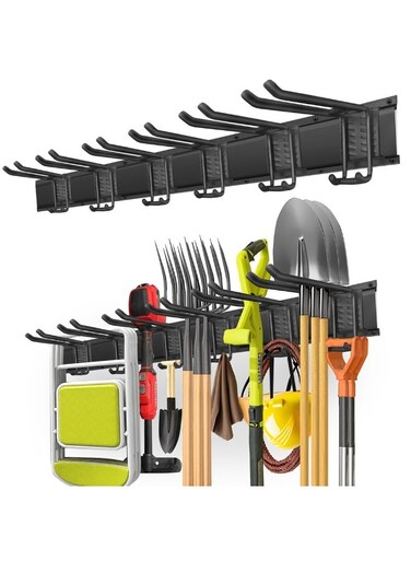 Max Strength Wall System: 120cm Garage Tool Organizer Rail with 6 Double Hooks, Heavy Duty Storage for Long-Handle Tools, Shovels &amp; Yard Equipment