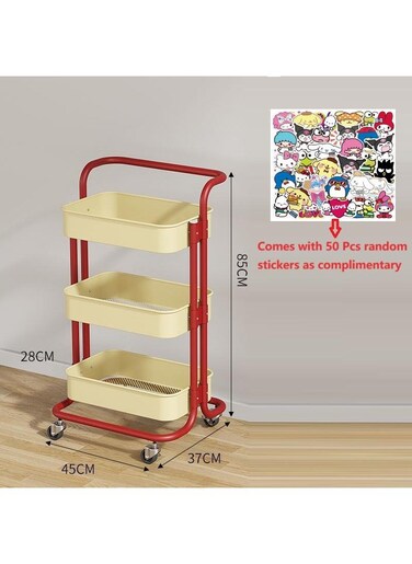 3-Tier Metal Rolling Storage Cart Trolley Kitchen Organizer Rolling With Random 50Pcs Stickers Trolley Cart Office Cart Kitchen Utility Carts For Office, Classroom, Home, Bathroom