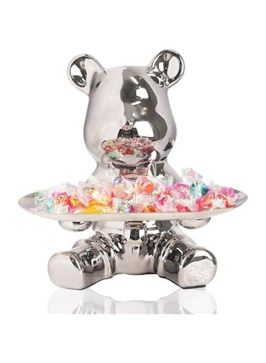 Metal Bear Tray Statue Tray Storage Entrance Key Holder Candy Jewelry Earrings Tray Suitable for Home Decor Modern Art Dining Table Decor Office Small Object Storage Tray, Silver