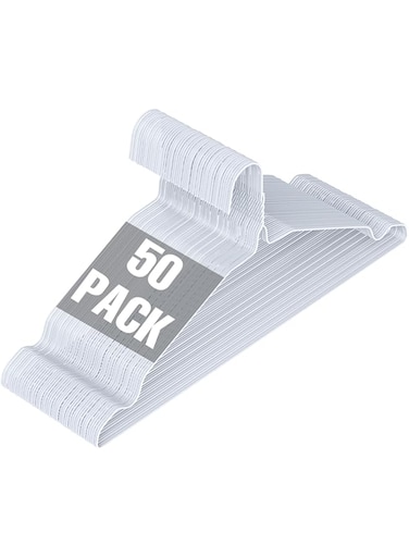 Clothes Hangers 50 Pack, Metal Wire Hanger Bulk for Coats, Space Saving Non Slip 16.7 Inch 12 Gauge Ultra Thin for Standard Size Suits, Shirts, Pants, Shirts - White