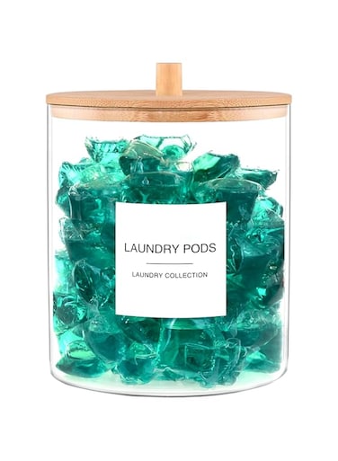 TIPGO Glass Jars for Laundry Room Organization, Laundry Pods Container with 27 Labels, Detergent Holder with Bamboo Lid, Cute Storage Jars (Set of 1)